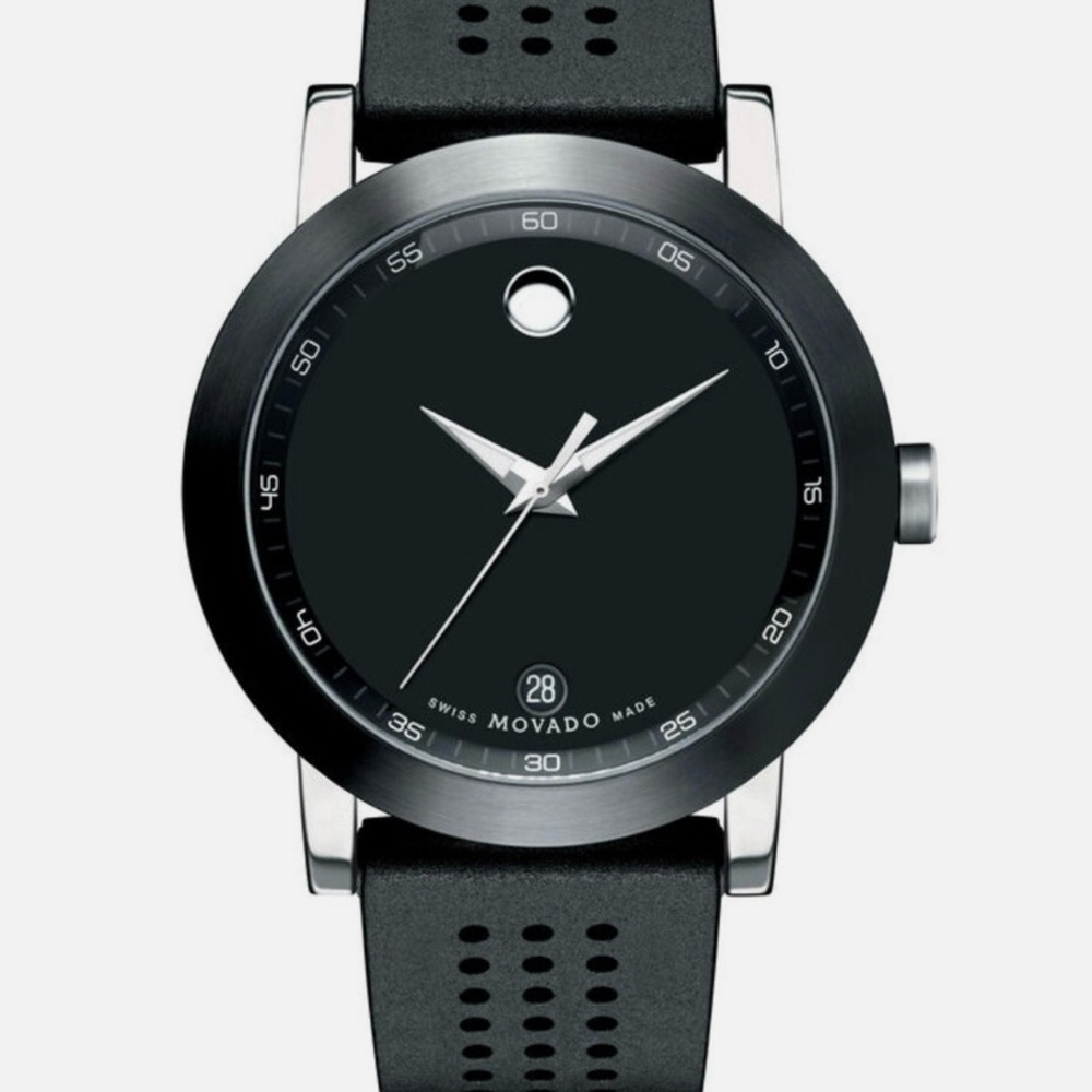 Movado Black and Silver Perforated Strap Watch